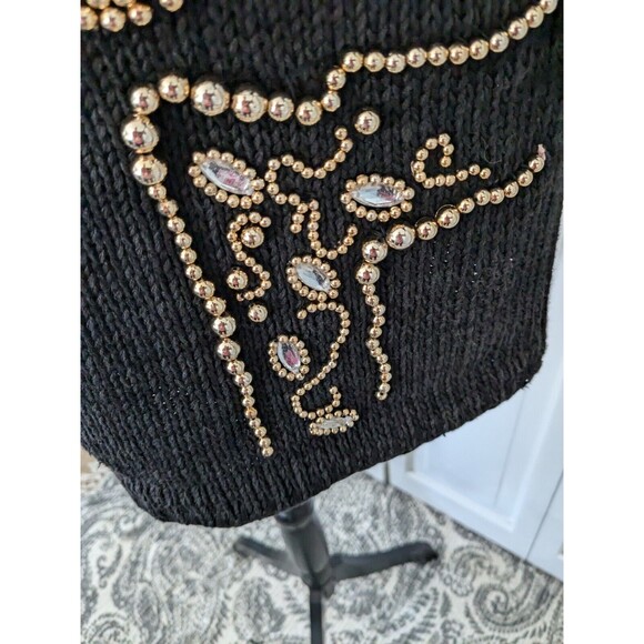 Victoria Harbour Vtg Sweater Womens M Black Gold Embellished Beading Retro Glam - Picture 2 of 14